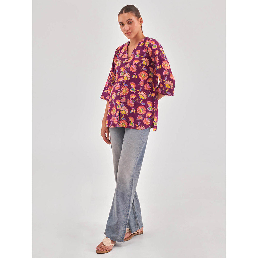 QOMN Floral Print Cotton Shirt Style Top