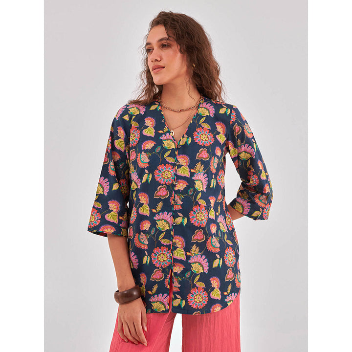 QOMN Floral Print Cotton Shirt Style Top