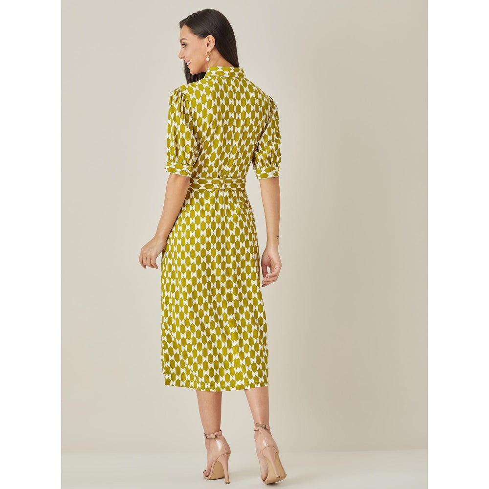 Qua Ochre Geometric Belted Patterned Dress