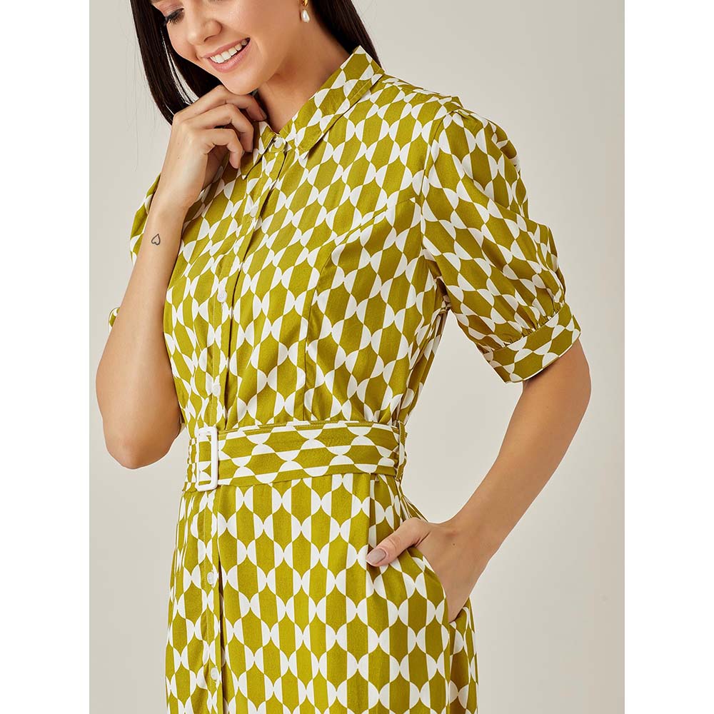 Qua Ochre Geometric Belted Patterned Dress