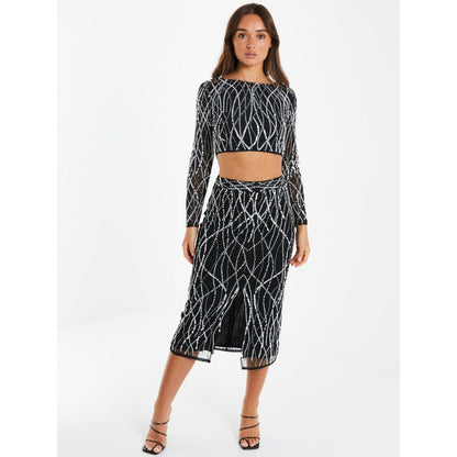 Quiz Clothing Black Embellished Mesh Midi Skirt