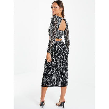 Quiz Clothing Black Embellished Mesh Midi Skirt
