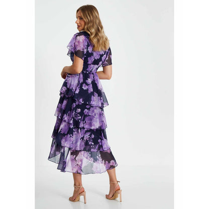 Quiz Clothing Navy Blue Chiffon Wrap Floral Tiered Midi Dress