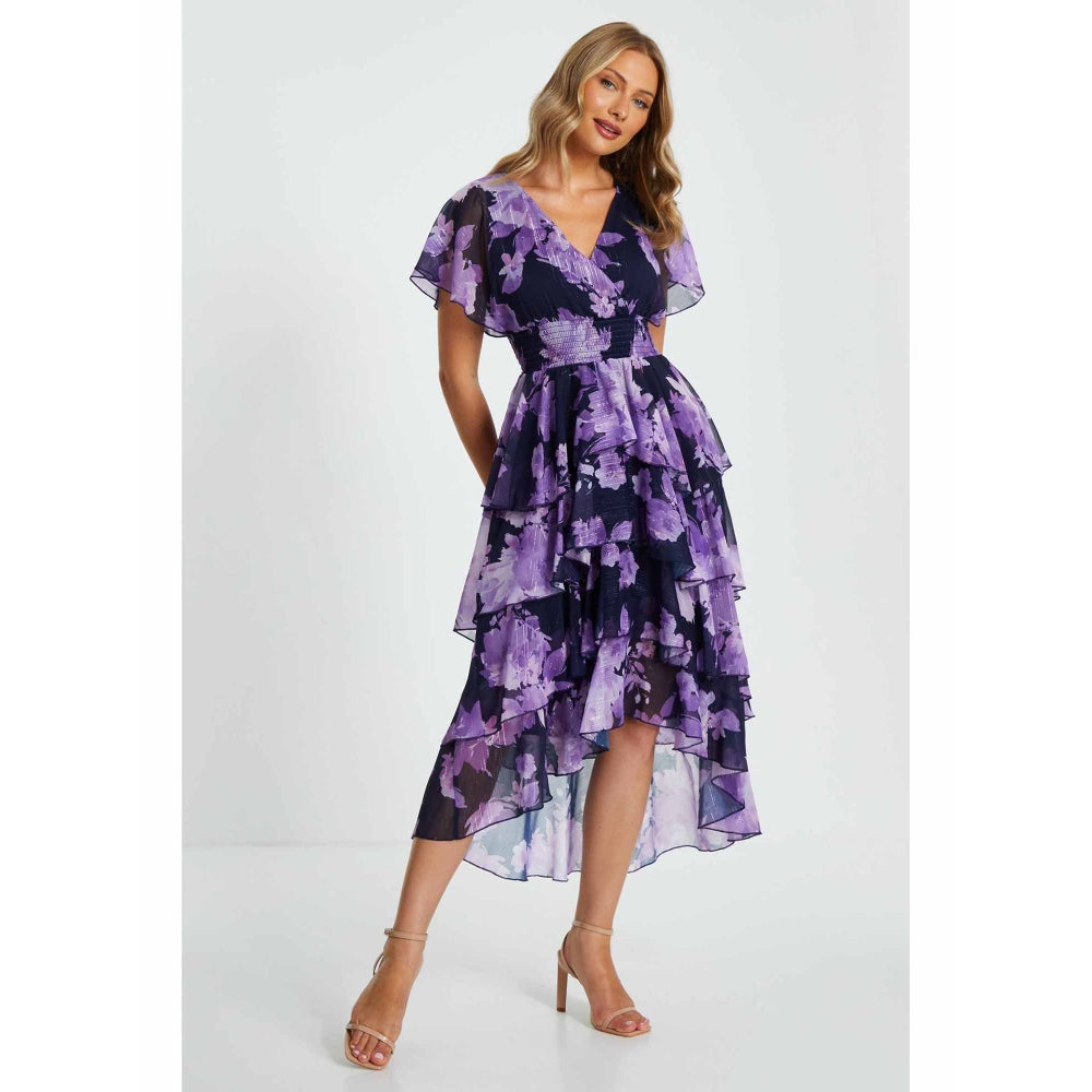 Quiz Clothing Navy Blue Chiffon Wrap Floral Tiered Midi Dress