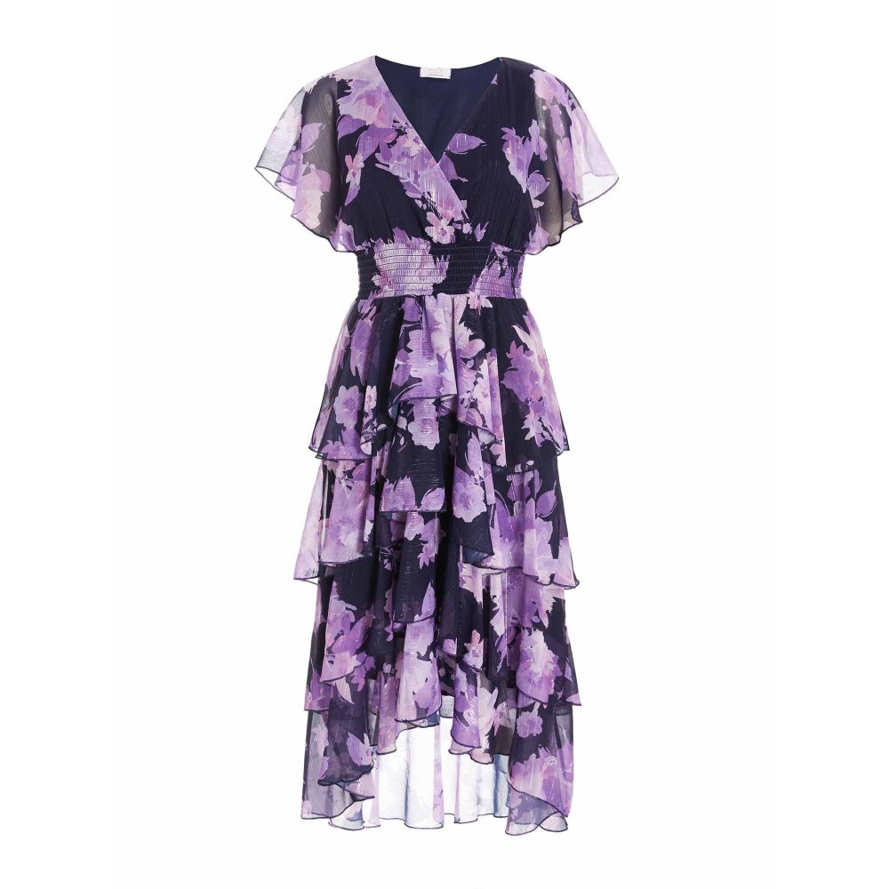 Quiz Clothing Navy Blue Chiffon Wrap Floral Tiered Midi Dress