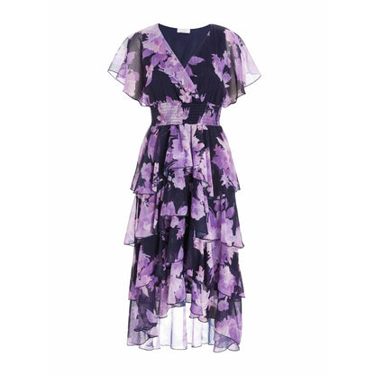 Quiz Clothing Navy Blue Chiffon Wrap Floral Tiered Midi Dress