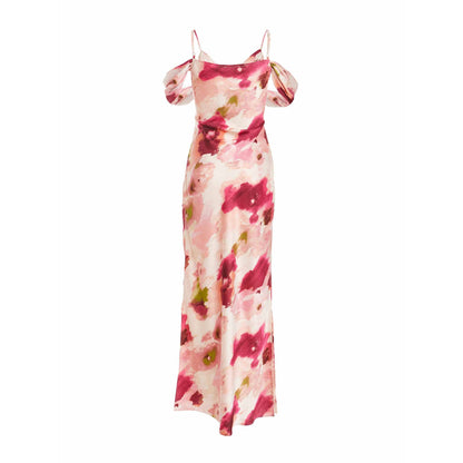 Quiz Clothing Pink Satin Marble Cowl Drop Shoulder Sleeve Maxi Dress