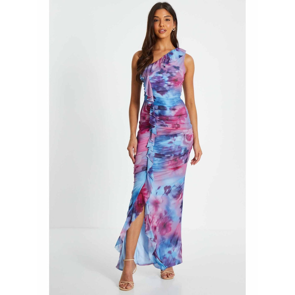 Quiz Clothing Berry Mesh Floral One Shoulder Frill Maxi Dress