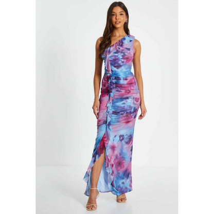 Quiz Clothing Berry Mesh Floral One Shoulder Frill Maxi Dress