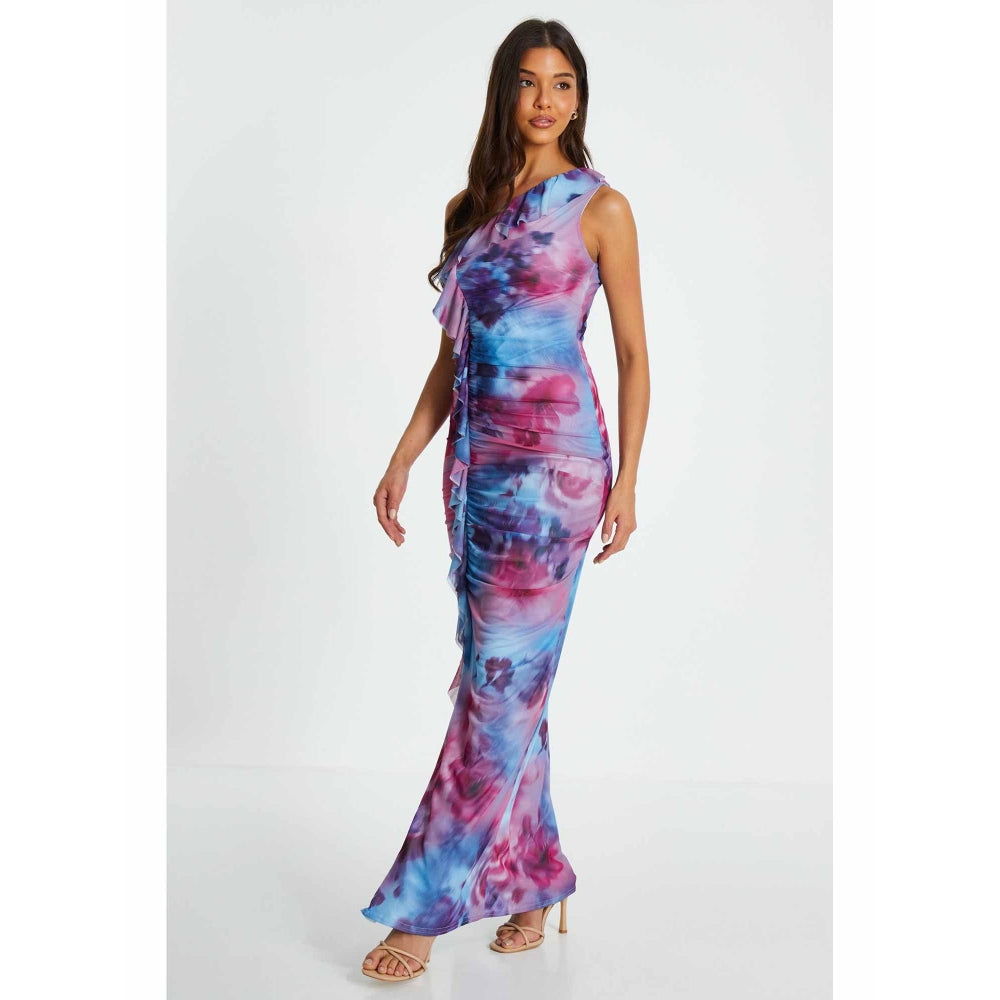 Quiz Clothing Berry Mesh Floral One Shoulder Frill Maxi Dress