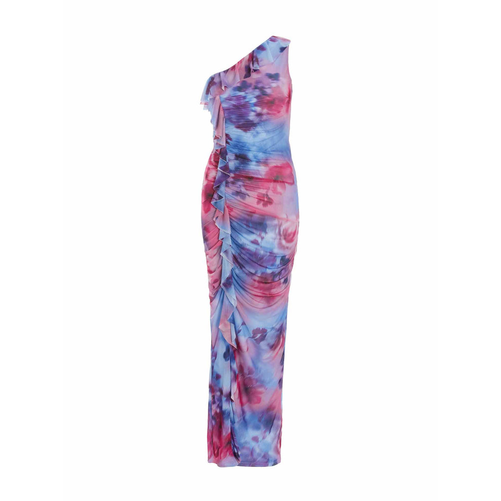 Quiz Clothing Berry Mesh Floral One Shoulder Frill Maxi Dress