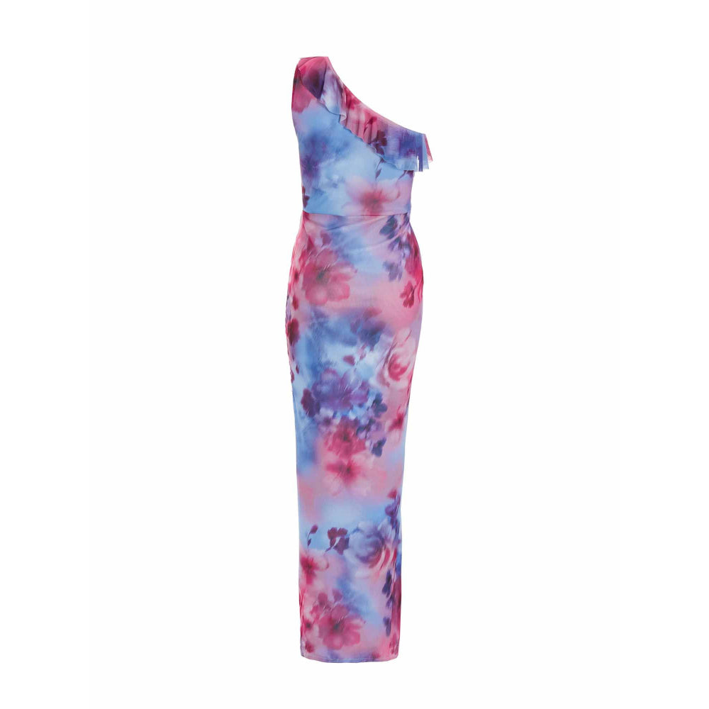 Quiz Clothing Berry Mesh Floral One Shoulder Frill Maxi Dress