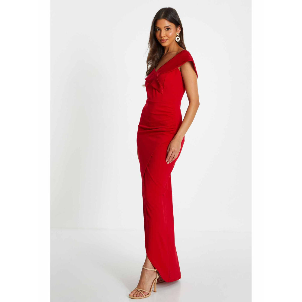 Quiz Clothing Red Scuba Crepe Satin Wrap Maxi Dress