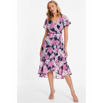 Quiz Clothing Lilac Navy Blue Floral Print Midi Dip Hem Dress with Belt (Set of 2)
