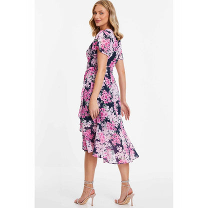 Quiz Clothing Lilac Navy Blue Floral Print Midi Dip Hem Dress with Belt (Set of 2)