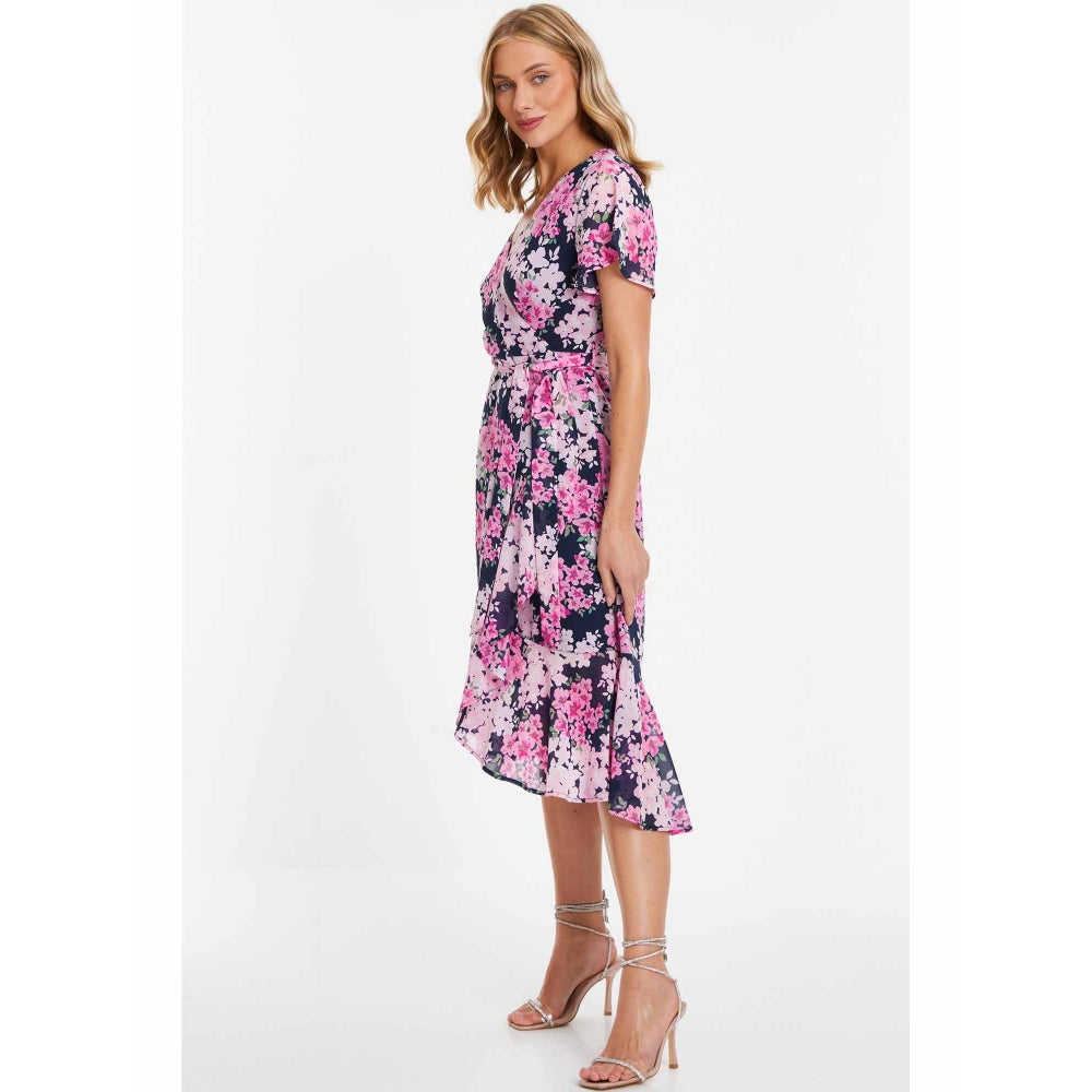 Quiz Clothing Lilac Navy Blue Floral Print Midi Dip Hem Dress with Belt (Set of 2)