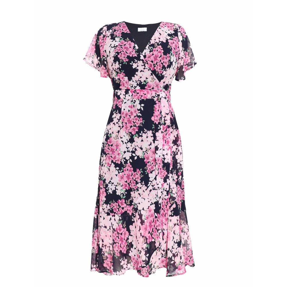 Quiz Clothing Lilac Navy Blue Floral Print Midi Dip Hem Dress with Belt (Set of 2)