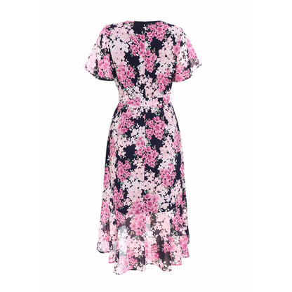 Quiz Clothing Lilac Navy Blue Floral Print Midi Dip Hem Dress with Belt (Set of 2)