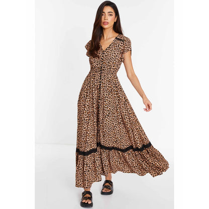 Quiz Clothing Leopard Print Crochet Trim Maxi Dress