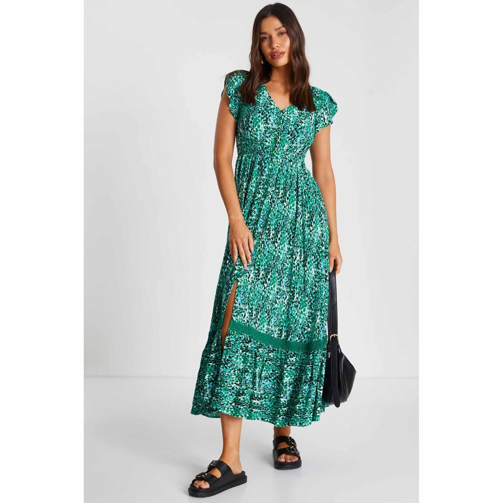Quiz Clothing Green Printed Crochet Trim Maxi Dress