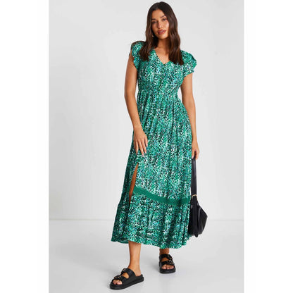 Quiz Clothing Green Printed Crochet Trim Maxi Dress