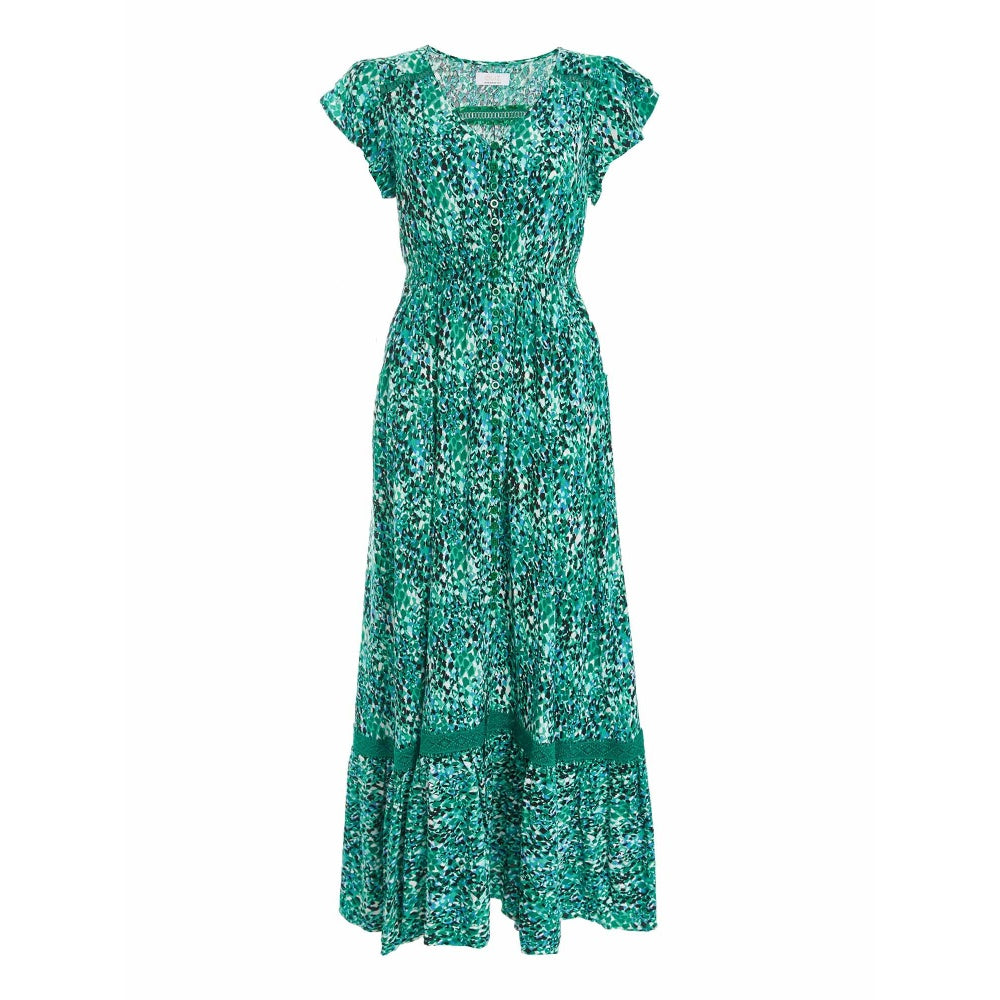 Quiz Clothing Green Printed Crochet Trim Maxi Dress