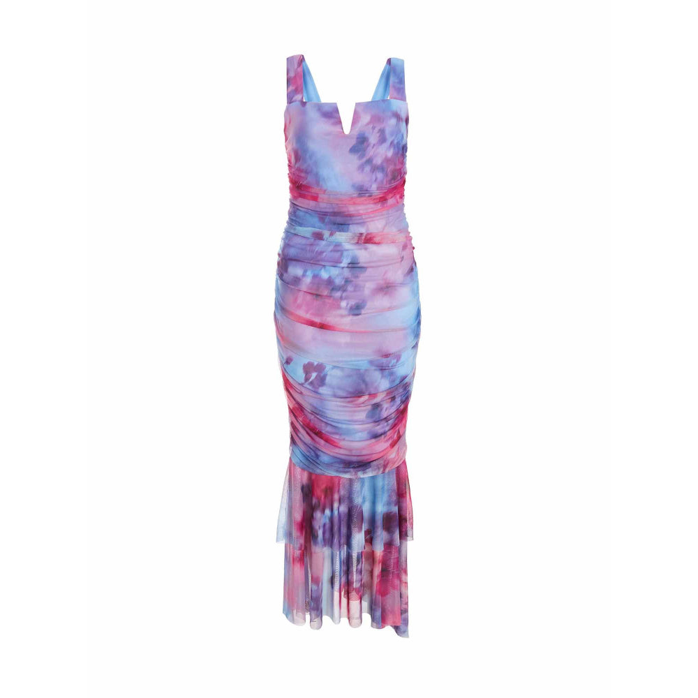 Quiz Clothing Berry Mesh Floral Strappy Ruched Maxi Dress