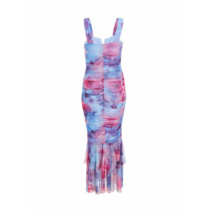 Quiz Clothing Berry Mesh Floral Strappy Ruched Maxi Dress