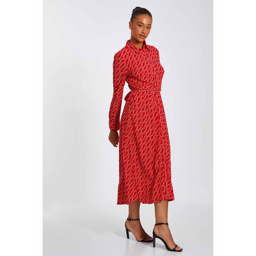 Quiz Clothing Red Chain Print Chiffon Midi Shirt Dress with Belt (Set of 2)