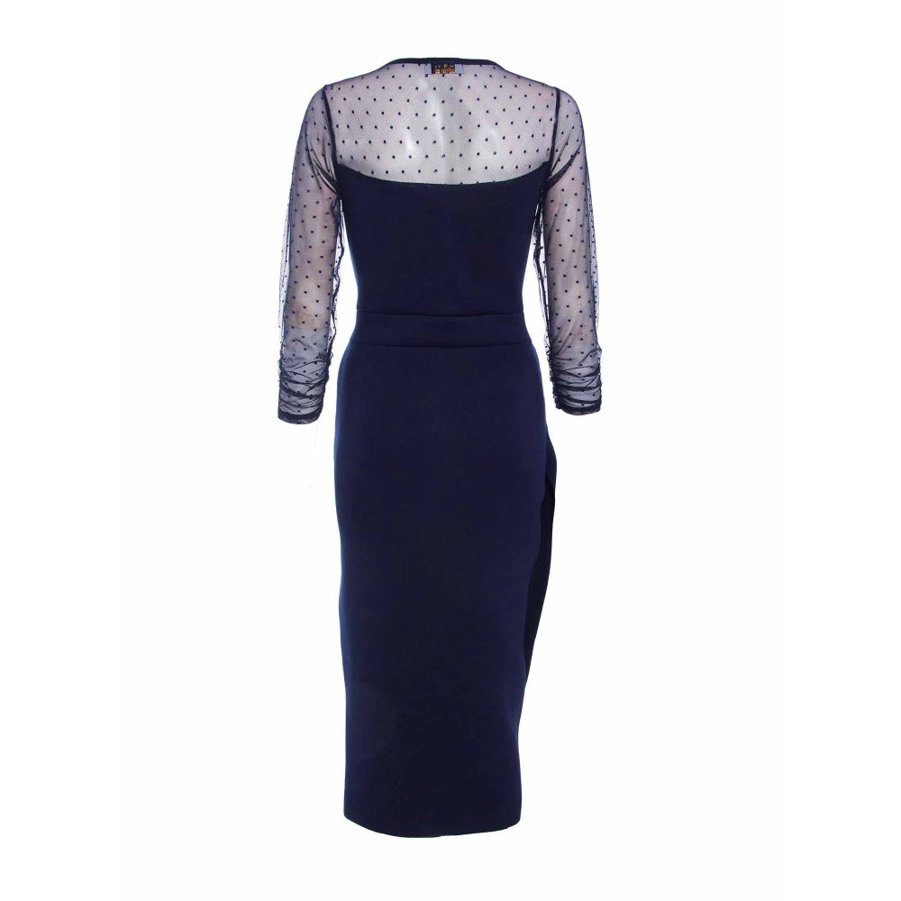 Quiz Clothing Navy Blue Scuba Crepe Sweetheart Bodycon Midi Dress with Mesh Polka Dot Sleeves