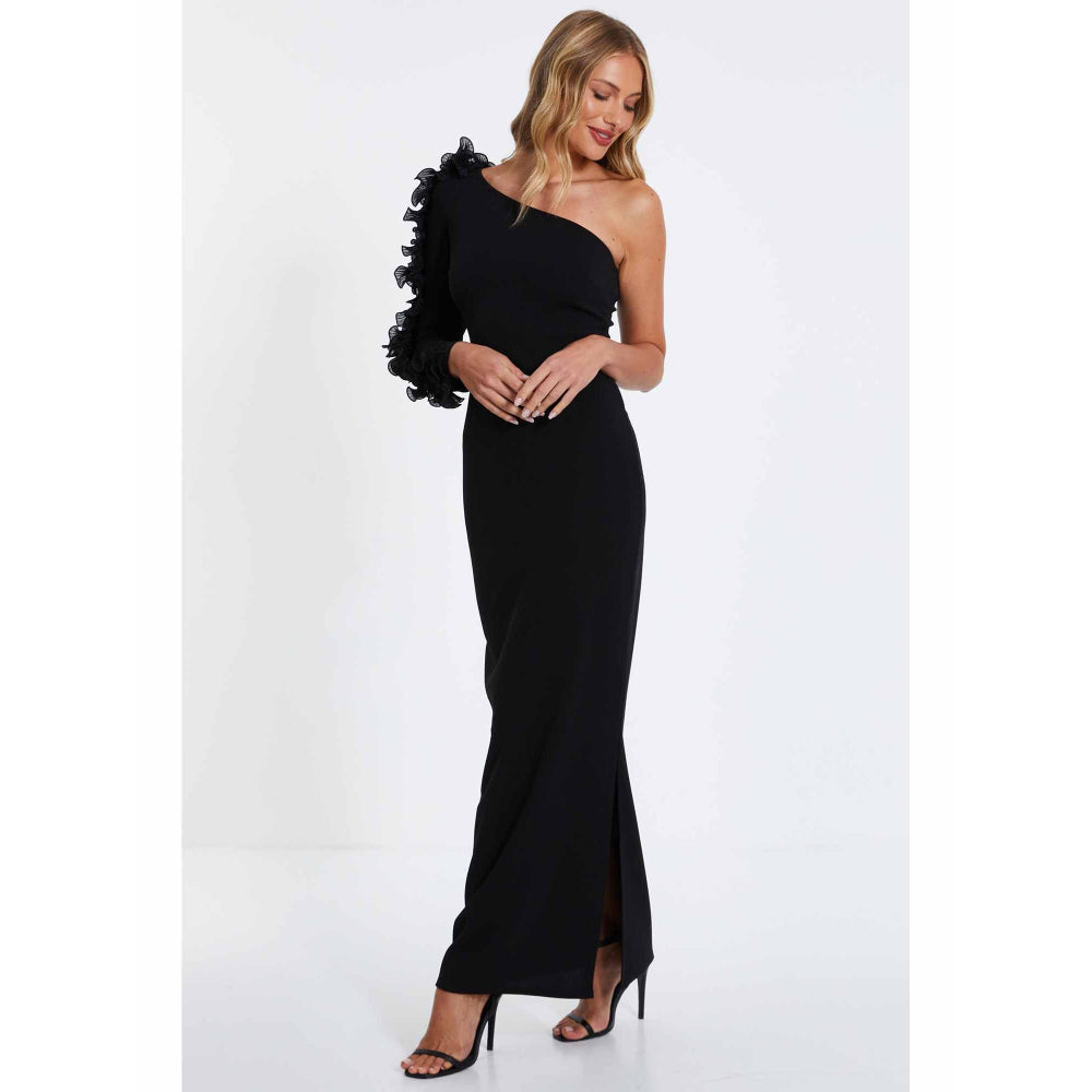 Quiz Clothing Black Scuba Crepe One Shoulder Trim Maxi Dress