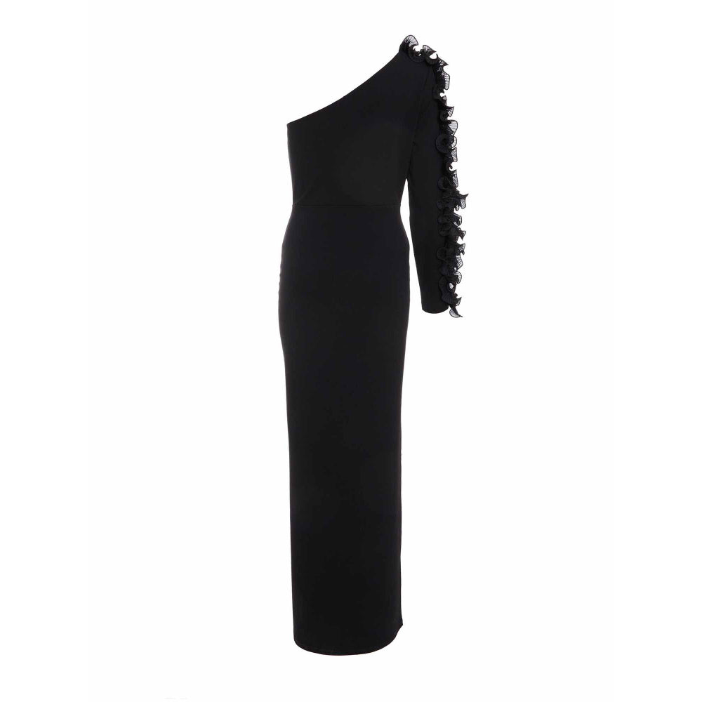 Quiz Clothing Black Scuba Crepe One Shoulder Trim Maxi Dress