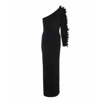 Quiz Clothing Black Scuba Crepe One Shoulder Trim Maxi Dress