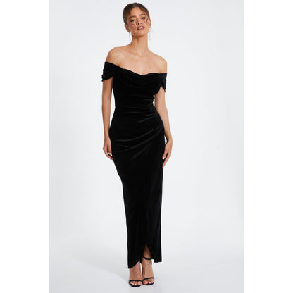 Quiz Clothing Black Velvet Solid Bardot Maxi Dress