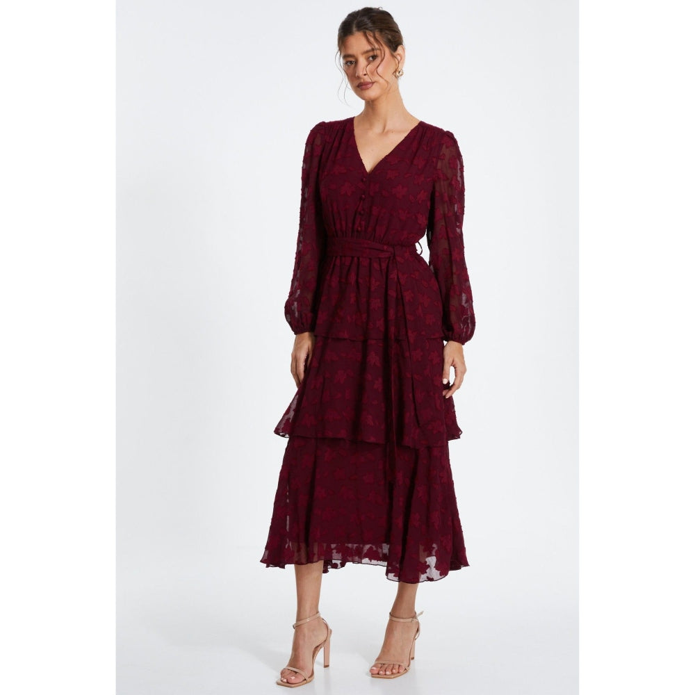 Quiz Clothing Red Berry Jacquard Tiered Midi Dress with Belt (Set of 2)