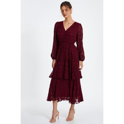 Quiz Clothing Red Berry Jacquard Tiered Midi Dress with Belt (Set of 2)