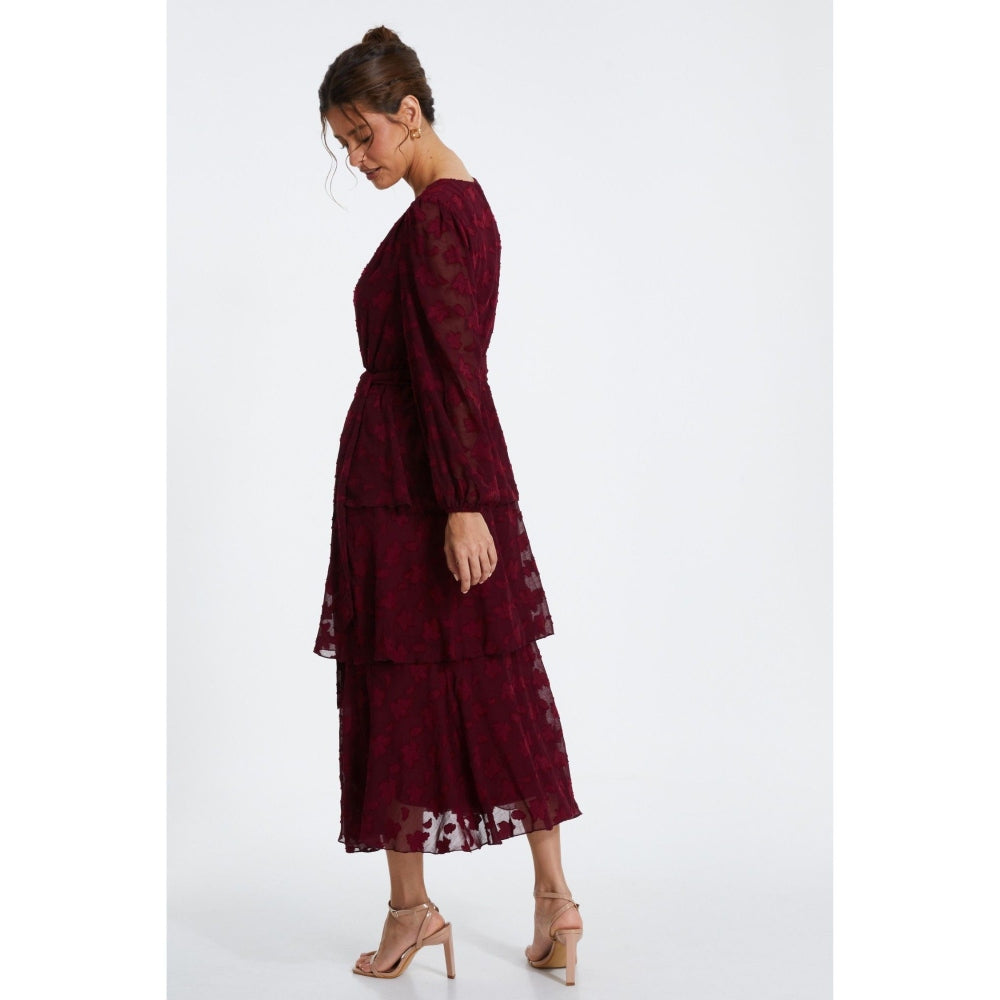 Quiz Clothing Red Berry Jacquard Tiered Midi Dress with Belt (Set of 2)