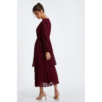 Quiz Clothing Red Berry Jacquard Tiered Midi Dress with Belt (Set of 2)