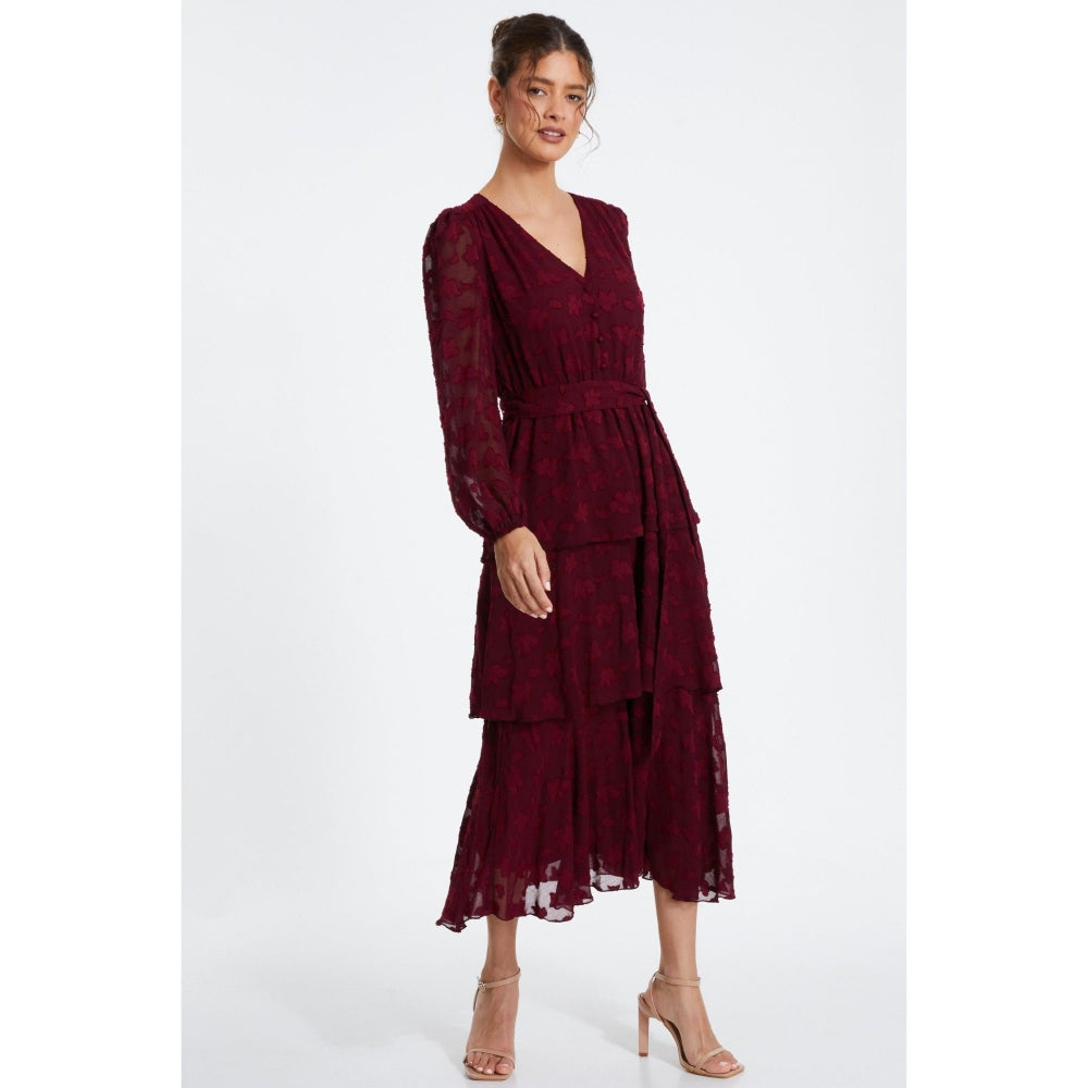 Quiz Clothing Red Berry Jacquard Tiered Midi Dress with Belt (Set of 2)