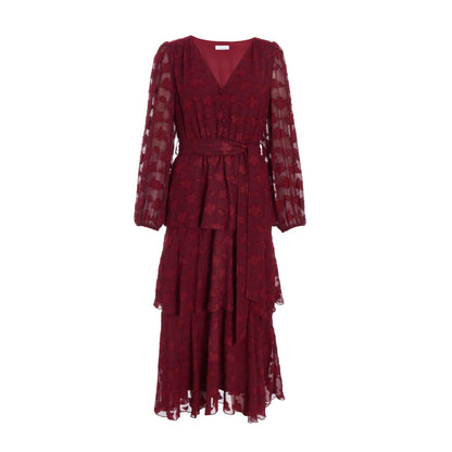 Quiz Clothing Red Berry Jacquard Tiered Midi Dress with Belt (Set of 2)