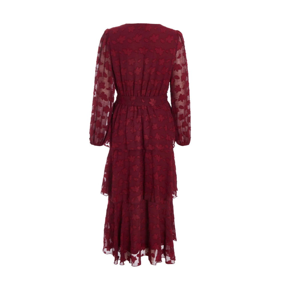 Quiz Clothing Red Berry Jacquard Tiered Midi Dress with Belt (Set of 2)