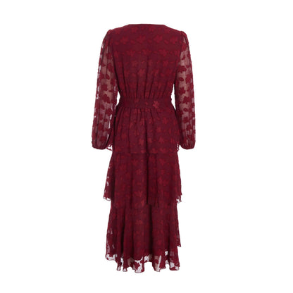 Quiz Clothing Red Berry Jacquard Tiered Midi Dress with Belt (Set of 2)