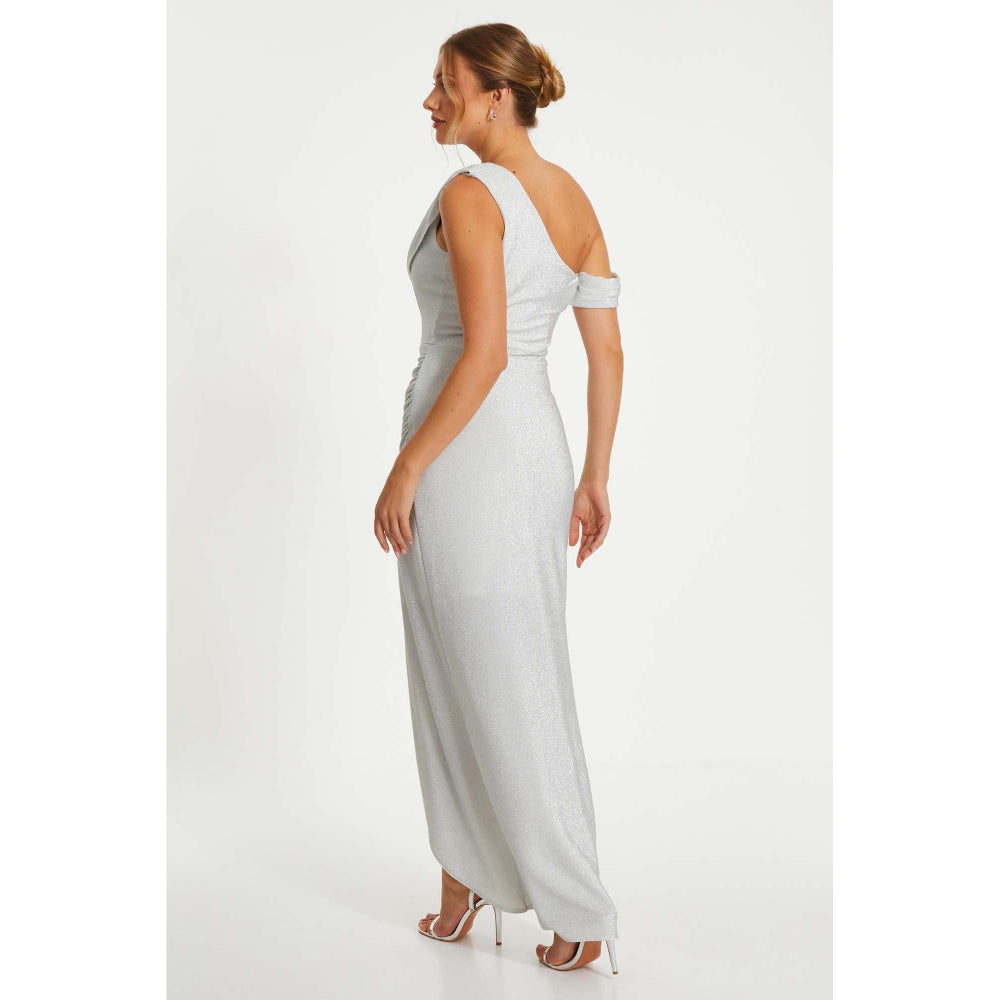 Quiz Clothing Silver Stretch Shimmer Cowl Wrap Maxi Dress