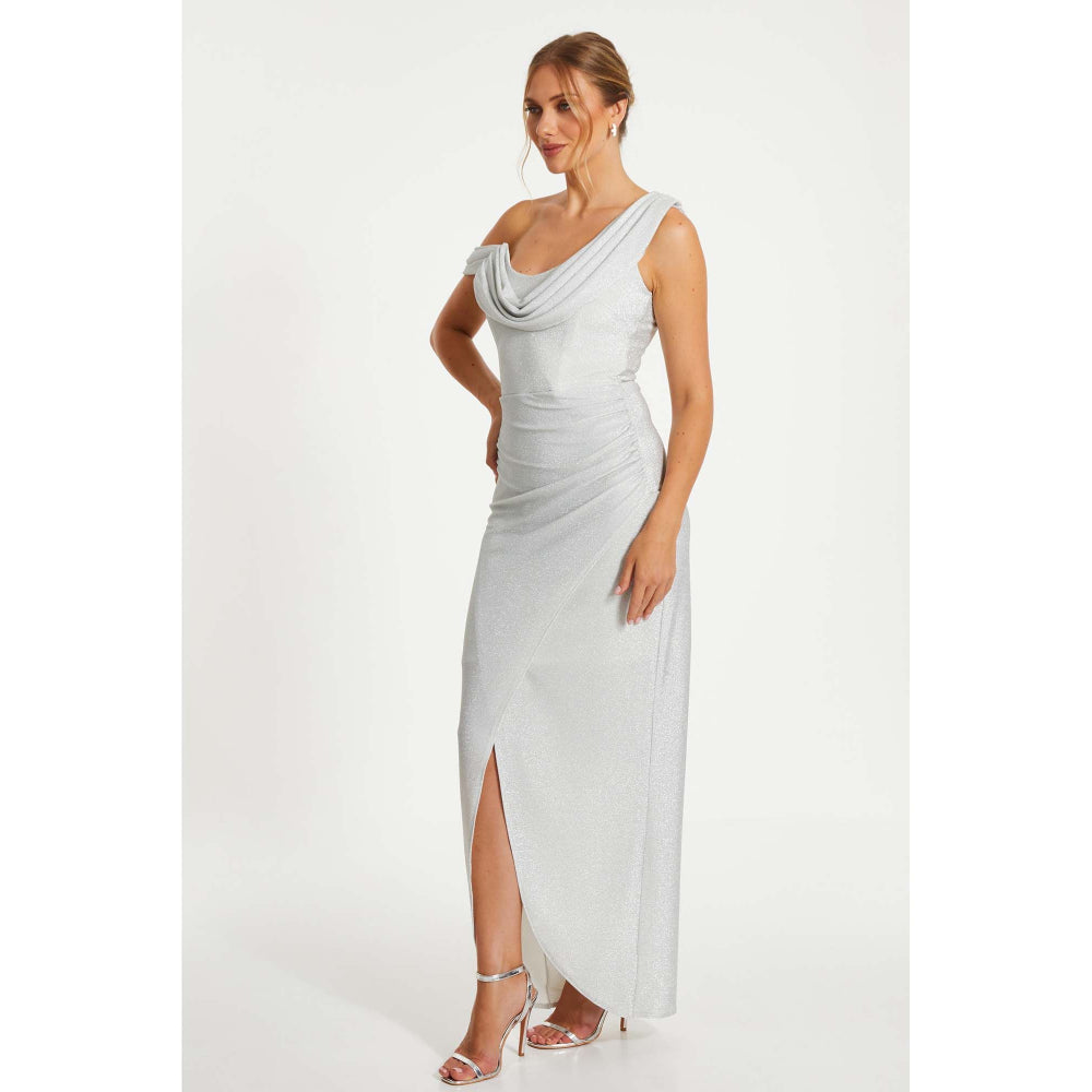 Quiz Clothing Silver Stretch Shimmer Cowl Wrap Maxi Dress