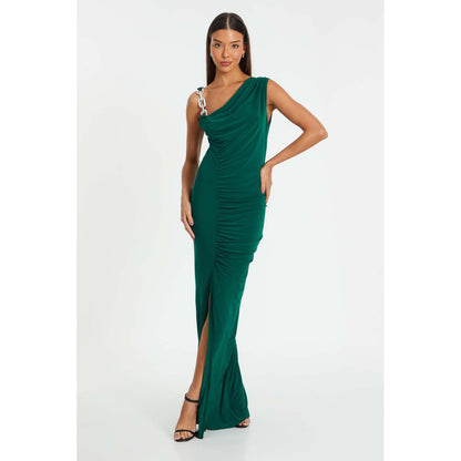 Quiz Clothing Bottle Green Diamante Trim Ruched Maxi Dress