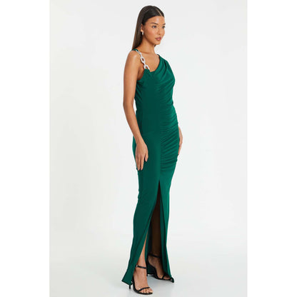 Quiz Clothing Bottle Green Diamante Trim Ruched Maxi Dress
