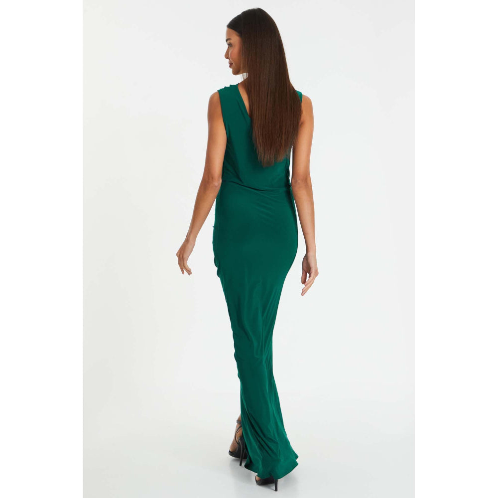 Quiz Clothing Bottle Green Diamante Trim Ruched Maxi Dress