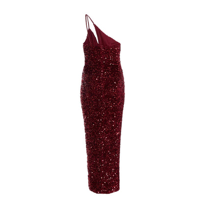 Quiz Clothing Berry One Shoulder Cut Out Sequin Maxi Dress