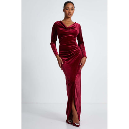 Quiz Clothing Berry Velvet Cowl Long Sleeve Maxi Dress
