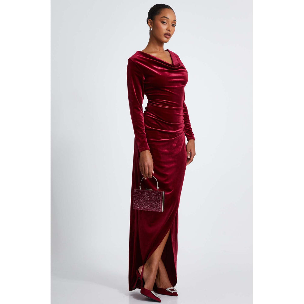 Quiz Clothing Berry Velvet Cowl Long Sleeve Maxi Dress